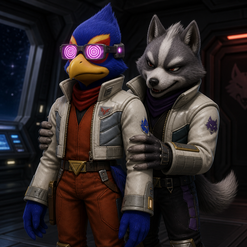 Falco Lombardi standing up straight in his normal uniform. The only non normal part of his clothing is the active hypnosis glasses he is wearing that are hypnotizing him. Behind him smirking also wearing his regular uniform is Wolf O’Donnell. Wolf is rubbing his hands up and down Falcon’s arms.
