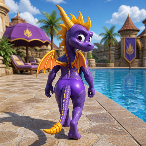 Spyro wearing tight purple swim trunks. He is walking alongside a pool. Back view with head looking over his shoulder. Solo full body