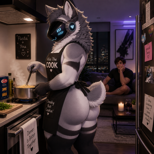 A well-made homosexual fluffy gay Protogen male character who lives in a modern apartment with his human and waiting while cooking some pasta dinner. Has thick thighs, wide hips, big butt, and has short tail also wears an apron.