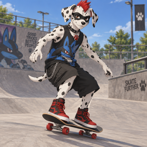 A middle school aged male Dalmatian with a black spot over his eyes that looks like a mask, wearing loose black khaki shorts with a chain hanging onto the right side, a lucario themed sleeveless shirts, red high top shoes, a black leather collar with a ruby paw pendant, and a red mohawk. He is skateboarding in a skate park. Anime art style, solo, full body.