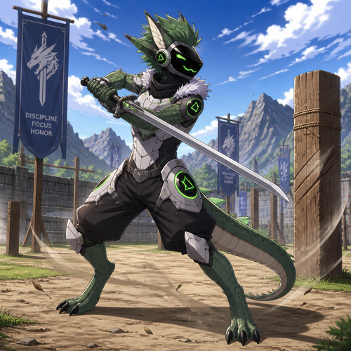 A young male reptilian protogen. He is at the practice grounds training with a sword. Anime art style, solo, full body.