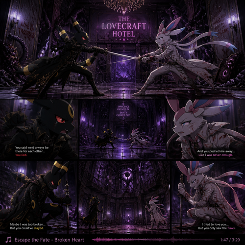 The two anthropomorphic grown male characters, A Umbreon and a Sylveon who’s been fighting and arguing each other with a sword’s battle. A sad broken relationship. Inside the cursed building that is easily a trap, the Lovecraft Hotel and it’s more than just haunted. Anger and sadness including frustration. Animated version. Wears different clothing and gear. Music playing, Escape the fate; Broken Heart.