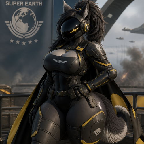Well made, nothing weird or misplaced, and not very confusing. A female protogen character. Busty. Thick thighs with big butt. wearing armor from the game Helldivers 2. A fine looking. Very mature looking adult.