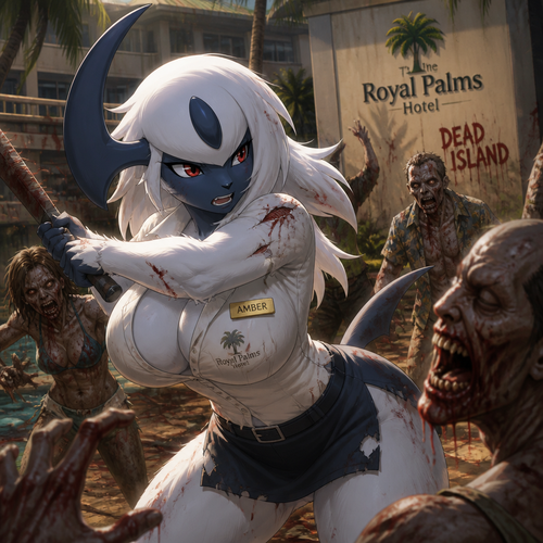 An busty anthro female Absol, in the universe of Dead Island, fighting for her life around zombies, works at the hotel but now a survivor, and fearless. Animated version. Name Amber while wears a name tag.