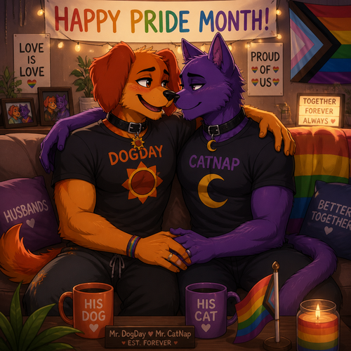 A anthropomorphic smiling critters verse. Both anthro DogDay and Catnap are both boyfriends living together and married. Sits together on a sofa. Today’s pride month. Both grownups. Animated art version. Looking at each other in wholesome. Yaoi.