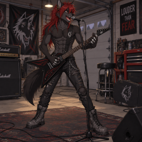 A middle school aged male anthropomorphic black wolf wearing torn leather pants, shirtless showing off a 16 pack of abs, long red hair, 4 silver wolf skull rings, gold earrings located at the curve of his right ear, and grey leather combat boots. He is in his garage shredding on a guitar and singing into a microphone. Anime art style, full body.