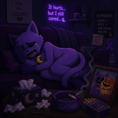 In a smiling critters universe, anthropomorphic and animated versions. Catnap is laying on a couch in his house, crying in his eyes closed, heartbroken by broken up with his ex friend (DogDay) despite his cancer the poppy smokes.