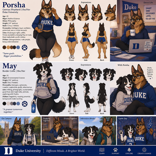 A beautiful curvy female German shepherd named Porsha who lives in a college dorm with her border collie roommate May, goes to Duke University, typically wears glasses, reference sheet, has May’s description, animated version
