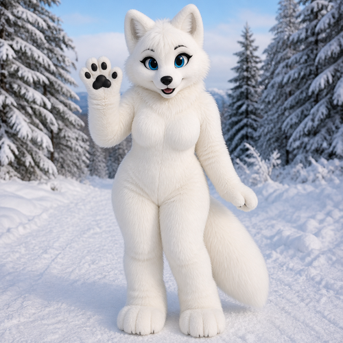 fursuit of a female Arctic Fox. Make sure the fursuit looks furry and fluffy. I want her to be waving, while looking forward. Make sure the female fursuit have a bit of a chest to them to give it a female look to the fursuit.