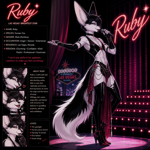 A well-made Black/white furred fennec Fox male named Ruby, wears something attractive for entertainment for a show by self to dance/sing. Wears eyeliner and lipstick. Has a bushy tail. A grown femboy anthro. A star in Las Vegas. Well groomed. Side view. Animated verse. Has good personality.