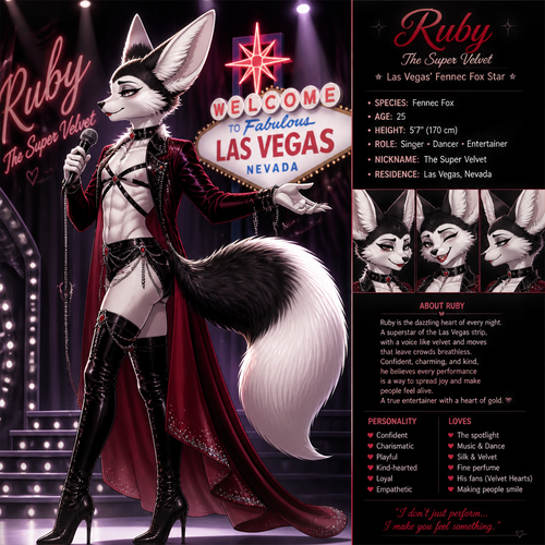 A well-made Black/white furred fennec Fox male named Ruby, wears something attractive for entertainment for a show by self to dance/sing. Wears eyeliner and lipstick. Has a bushy tail. A grown femboy anthro. A star in Las Vegas. Well groomed. Side view. Animated verse. Has good personality. Being a super velvet.