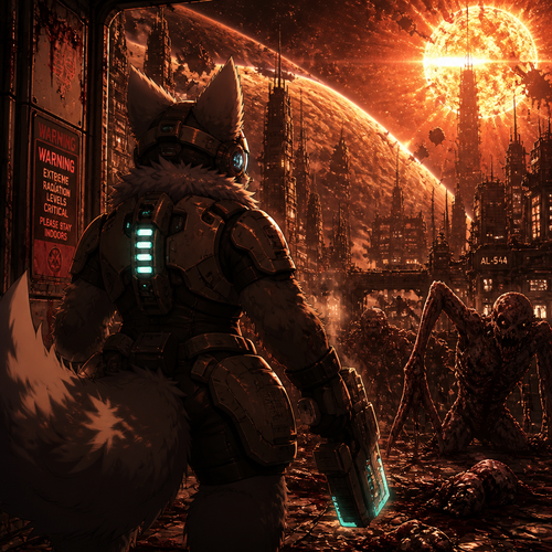 A thick fluffy Protogen in Dead Space universe, carrying a plasma cutter for self defense and fighting for survival in a city in space, close to the planet and near the sun. A well anime version. A sci-fi horror. Back view.