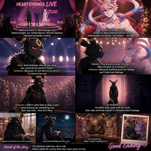 In a well-made anthro Pokemon universe, an non-rich grown male half gothic Umbreon refuses to accept the sham date with a grown richest male Sylveon (the Barron) on a live dating fantasy show (in modern life) and decided to leave because love isn’t here. A well-made animated version. A good ending.