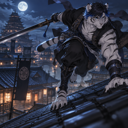 male white tiger, , blue eyes, short black hair with blue tips, digitigrade feet, anime style, running across rooftops, with an odachi


