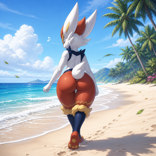 A well-made Pokemon character, Cinderace. Has thick thighs and round buttocks. Walking around on a beach. Having a nice day and a nice breeze. Wireless earbuds and listening to music. Eyes closed and humming. Back view.