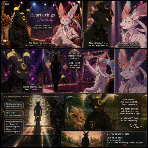 In a well-made anthro Pokemon universe, an non-rich grown male half gothic Umbreon refuses to accept the sham date with a grown richest male Sylveon (the Barron) on a live dating fantasy show (in modern life) and decided to leave because love isn’t here. A well-made animated version. A good ending.