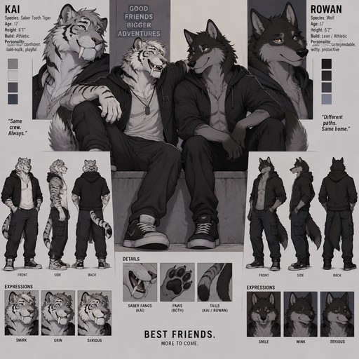 A teenage male anthropomorphic saber tooth tiger with silver fur and black stripes hanging out with his best friend, a male anthropomorphic wolf with black fur and a gray underbelly, reference sheet