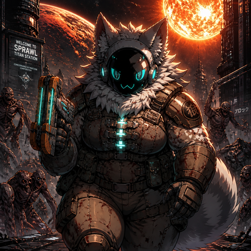 A thick fluffy Protogen in Dead Space universe, carrying a plasma cutter for self defense and fighting for survival in a city in space, close to the planet and near the sun. A well anime version. A sci-fi horror. Front view.