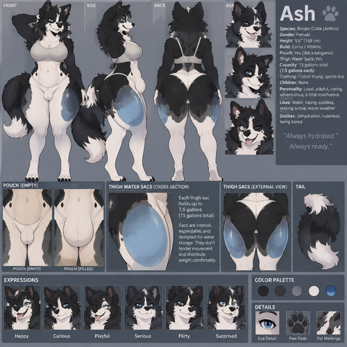 A curvy female anthropomorphic border collie named Ash that has a pouch like a kangaroo and water sacs in her thighs, her thigh sacs can hold up to 15 gallons of water( 7.5 in each sac ), has a cotton thong and a sports bra on, doesn’t have a kid, animated version, reference sheet 