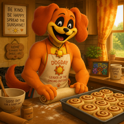 DogDay (anthropomorphic male character), a leader of a smiling critters who’s making some cinnamon rolls and he’s wearing an apron on at his house.