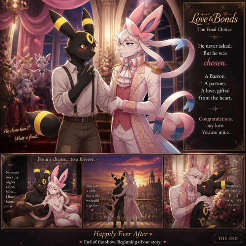 In a dating reality show (a well-made animated version) a non-rich grown Umbreon male is surprisingly unbelievably been accepted to become a boyfriend to this super rich grown Sylveon male as a Barron. In an anthropomorphic universe. Never asks but been gifted. A good ending.