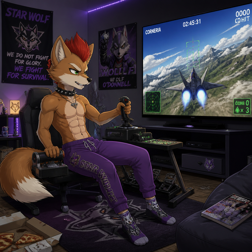 A middle school aged delinquent Fox McCloud wearing tight purple Star Wolf sweatpants, shirtless showing 16 pack of abs, red mohawk, and Wolf O’Donnell themed socks. Playing a jet fighter simulator game on a 75 inch tv in a game room with realistic flight controls. Anime art style, solo, full body.
