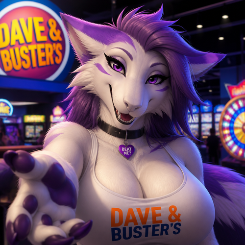 A well-made busty female adult Sergal is inside the Dave’s and Busters arcade in a mall, and having a good time. Animated version. Wears a visible tank-top. Flirty and soft. Closer view. Frontshot. Welcomes you. Has pretty fangs and eyeliner.