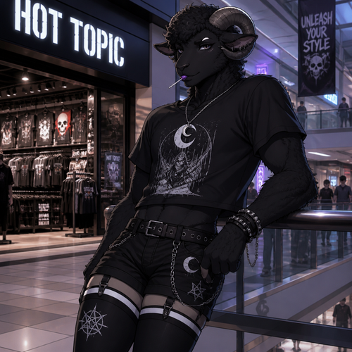 A grownup homosexual gay anthro Black Sheep male, wears moon pendant necklace and an eyeliner, wearing some short clothes from Hot Topic, stick a lollipop on mouth, and has thick thigh highs. At the city’s mall. Well-made animated version.