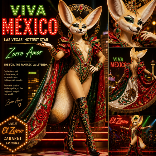 A well-made grown homosexual anthro Fennec Fox as a drag queen a star of Las Vegas for Viva Mexico.