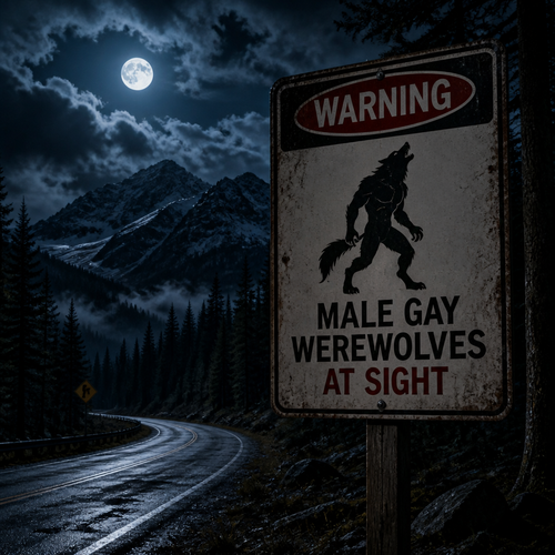 In a middle of a night, A warning sign says; male gay Werewolves at sight. Well-made view.