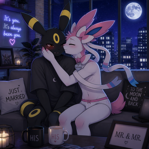 In an anthropomorphic universe, a shy male Umbreon getting kisses by a gay male Sylveon that wears an underwear and has thin thighs, living together in a modern moonlight apartment. Sitting together on a sofa. Gay marriage. Animated verse.
