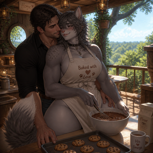 A loved well-made grown femboy omega male grey wolf ex-tribe character who lives in a tall treehouse with his handsome and kind human man and they are bond together while baking cookies. Wearing a clothed apron. Has thick thighs, wide hips, but butt, and a bushy tail. A perfect view.