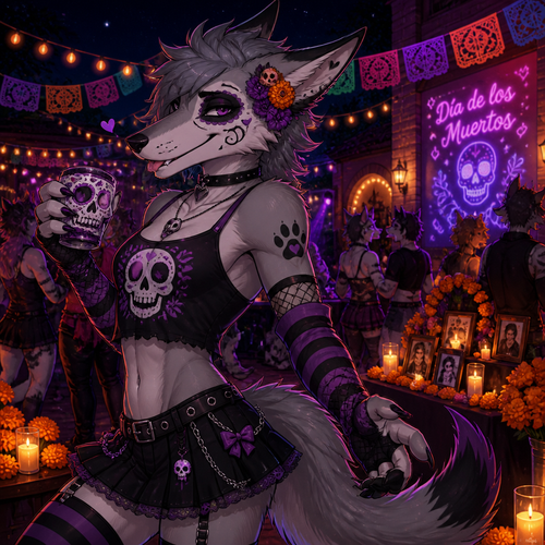 A homosexual femboy grey Wolf/Sergal who is celebrating the Dayof the Dead at the party at night. Animated version. 