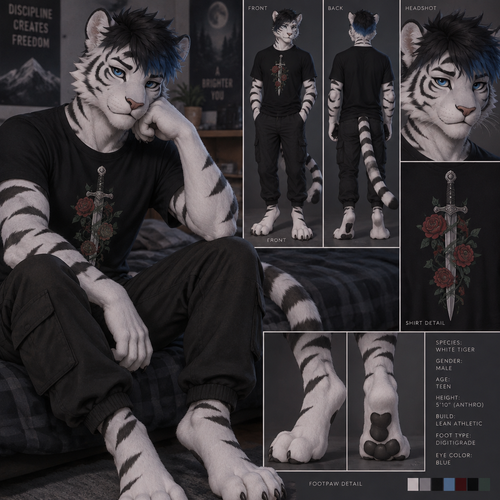White Tiger male teen with Digitigrade footpaws, short spiky black hair with blue ends, blue eyes, wearing a black t-shirt that has a dagger on it with roses and vines around the blade