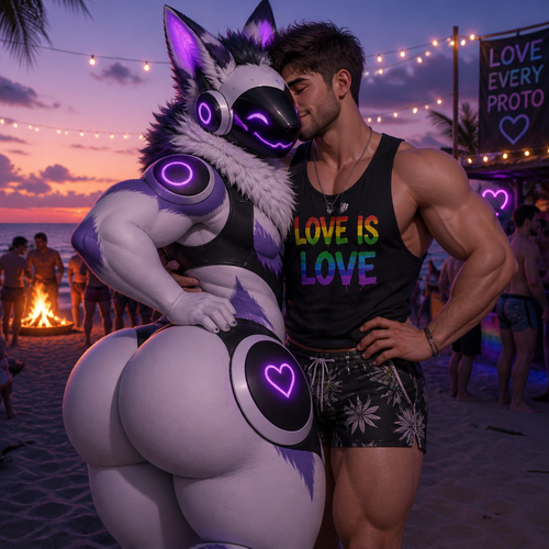 A well-made happy fluffy gay Protogen (male character) with thick thighs and a huge butt also has no tail while being with a gay man holding together in closeness at the party of a beach at dusk. Hand on hips.