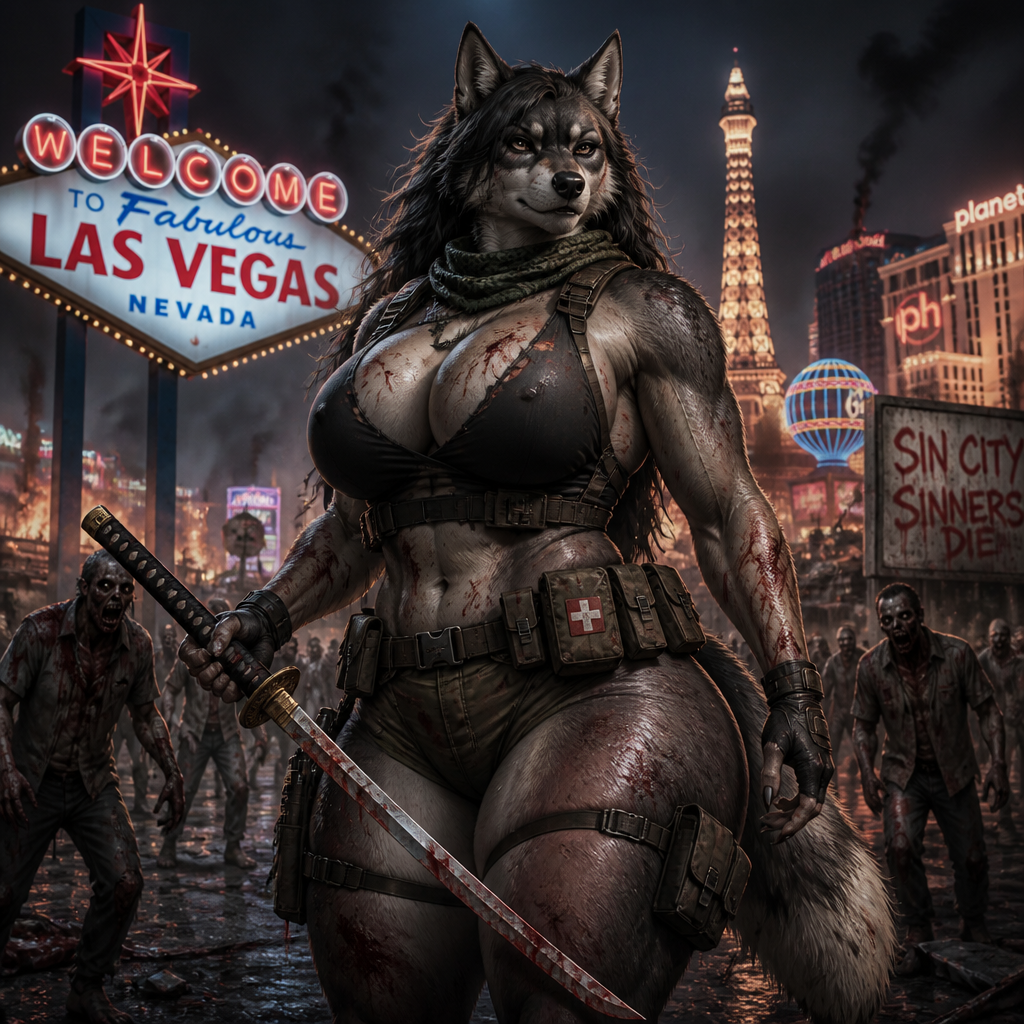 A busty well-made adult anthro wolf hound that has thick thighs and survival gear on and holding a saber sword for a blood thirsty zombie apocalypse, in Las Vegas.