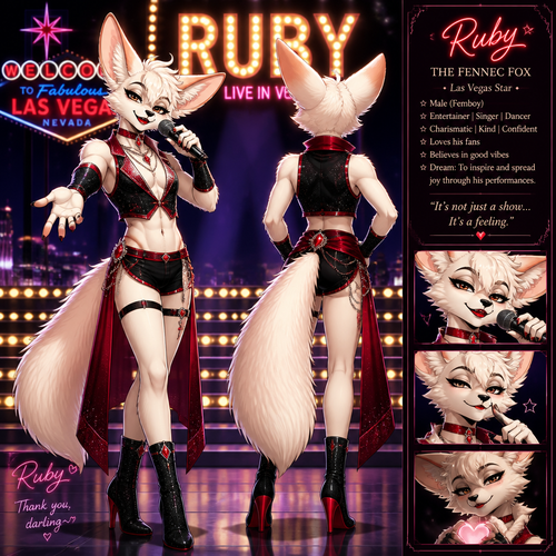 A well-made white furred fennec Fox male named Ruby, wears something attractive for entertainment for a show by self to dance/sing. Wears eyeliner and lipstick. Has a bushy tail. A grown femboy anthro. A star in Las Vegas. Well groomed. Front/back view. Animated verse. Has good personality.