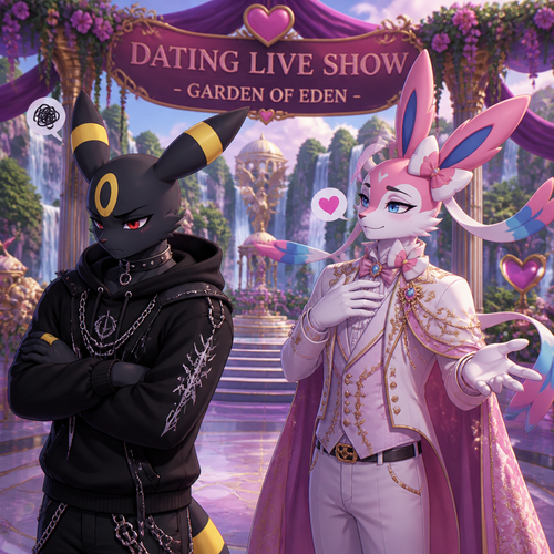 In a dating live show at the garden of Eden (a well-made animated version) a grown non-rich anthro Umbreon male that wears a gothic hoodie that is unhappy and doesn’t want to be there and wanted to lose and Don’t like this super rich grown anthro Sylveon male that wears some elegant clothes who likes him. In a well-made anthropomorphic Pokemon universe.