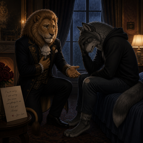 A (well-made grown anthropomorphic male character) rich Barron a Lion with a sad look that wears whatever he wears who came to see a unhappy non-rich despair but a broken hearted anthro male grey Wolf for an apology for how he’s sorry and tell him he loves him and says his feelings for him because he’s gay.