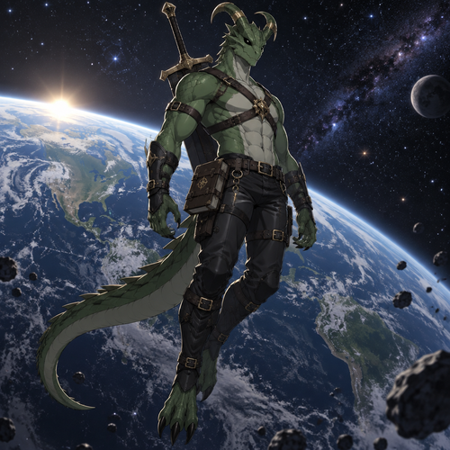 A green scaled male dragonoid with insect chitin covering his head, 2 inward curving horns, black eyes, wearing a leather harness, black leather pants, gold coverings on parts of his horns, a great sword on his back, and a leather bound journal hanging on the right side of his waist. He is floating in outer space above a planet that closely resembles Earth. Anime art style, solo, full body.