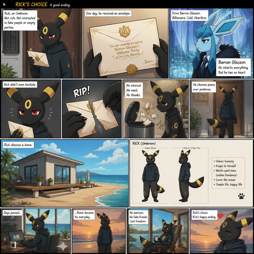 A non-rich grown Umbreon male (named Rick) got the envelope of a billionaire Glaceon’s (the heartless Barron) welcoming party at the city mansion from a mail. Decided to rip and toss the pieces of the envelope at the trash can and stay at home. Chooses a home. Lives on a small modern house at the beach. Well-made animated version. A good ending. A anthropomorphic verse. Front and Side view. A comic.