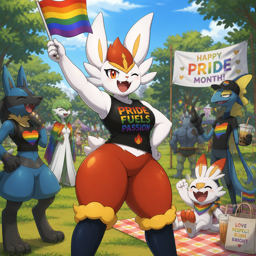 A well-made Pokemon character, Cinderace. Has thick thighs and short tail. Celebrating on today’s pride month. Having a good day. At the park with other Pokemon males.