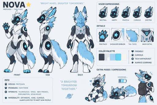 Full-body character sheet of a (well-made original character) protogen.