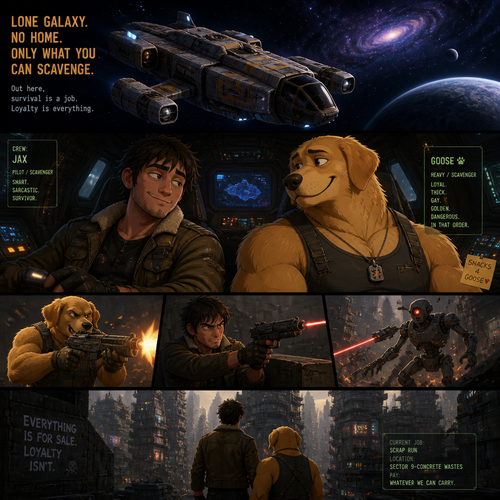 In a lone galaxy, a well-made animated version. In a spaceship, a human pilot/scavenger, and his partner a thick homosexual anthro gay golden retriever with floppy ears. Both finding themselves on a scavenging hunt and defend themselves from any threats even robots. In a planet of a concrete jungle.
