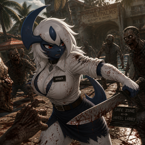 An busty anthro female Absol, in the universe of Dead Island, fighting for her life around zombies, works at the hotel but now a survivor, and fearless. Animated version. Name Amber while wears a name tag.