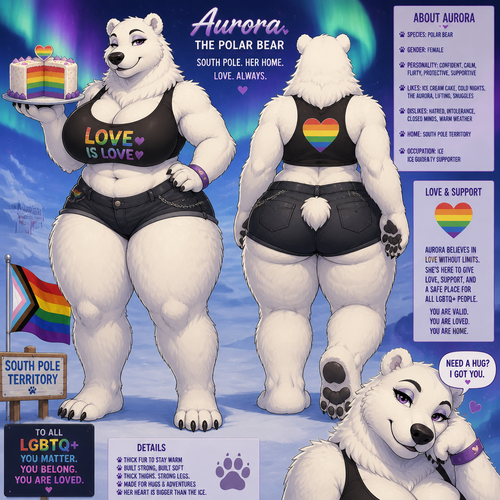 A busty well-made adult anthropomorphic tomboy polar bear female who lives in South Pole territory with a rainbow color ice cream cake on her paw. Has thick thighs and thick fur. Large looks. Front/back view. Calm and confident. Animated verse. Give a flirty look. Gives love and support sign to all LGBTQ+. Her looks.