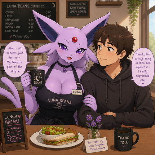 A well-made busty grown female Espeon, who works at a coffee bar that wears an apron, having a 30 minute lunch break, and spending time with her favorite person who’s been kind and supportive to her on a table. A animated version. Front view.