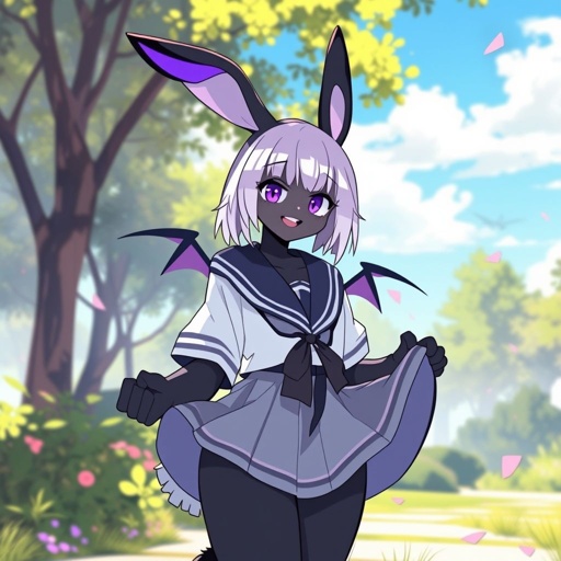 gay, rabbit, black fur, black rabbit ears with soft light dark purple insides, small purple bat wings, spiky and messy faded purple hair, messy hair, straight bangs, ultra purple eyes, medium ass, clips, hair clips, white bone hair clips, purpleish black fur, messy hair, hair clips, hair strands, hair, wavy hair, tail, wasp waist, ultra purple eyes, sailor uniform, short skirt, gay, (lean body :1.2), wasp waist, thick thighs, fluffy neck fur, lifting skirt, messy hair, straight bangs, wavy hair