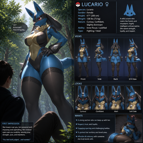 A large female wild anthro Lucario with thigh highs and a bust just spotted a human in a wild and looking curious and confident. Well-made animated version. Her views and looks. Wants.
