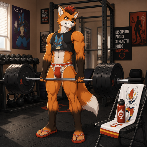 A young male fox wearing a red jockstrap, Lucario themed cutoff shirt, red flip flops, and a short mohawk hairstyle. He is in his houses gym lifting heavy weights. On a chair nearby sits a Cinderace themed towel and water bottle. Anime art style, solo, full body.